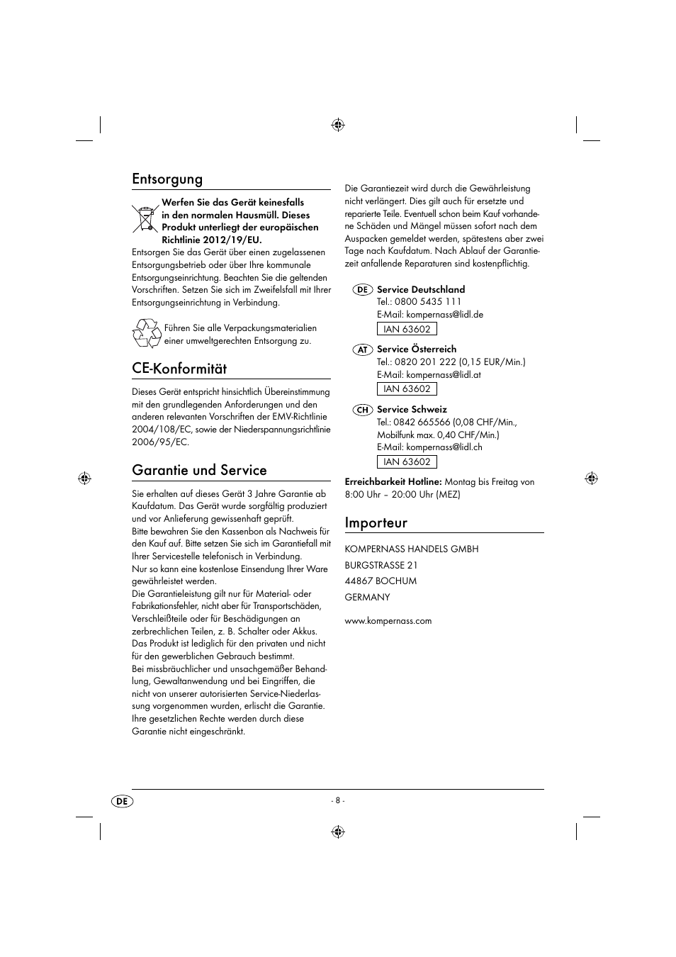 Entsorgung, Ce-konformität, Garantie und service | Importeur | Zoofari Animal Hair Trimmer ZTSD 36 A1 User Manual | Page 11 / 16