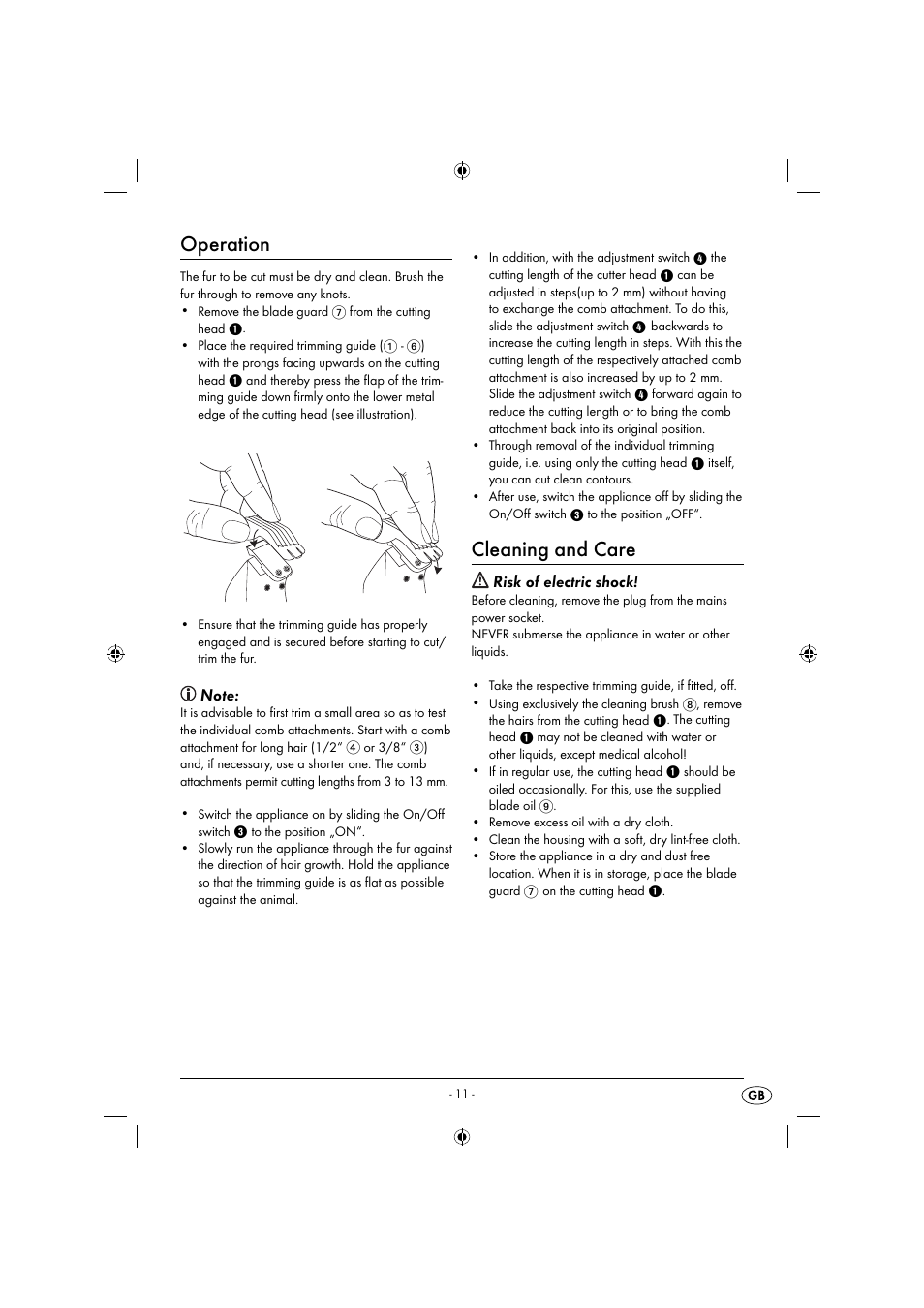 Operation, Cleaning and care, Risk of electric shock | Zoofari Animal Hair Trimmer ZTSD 36 A1 User Manual | Page 14 / 16