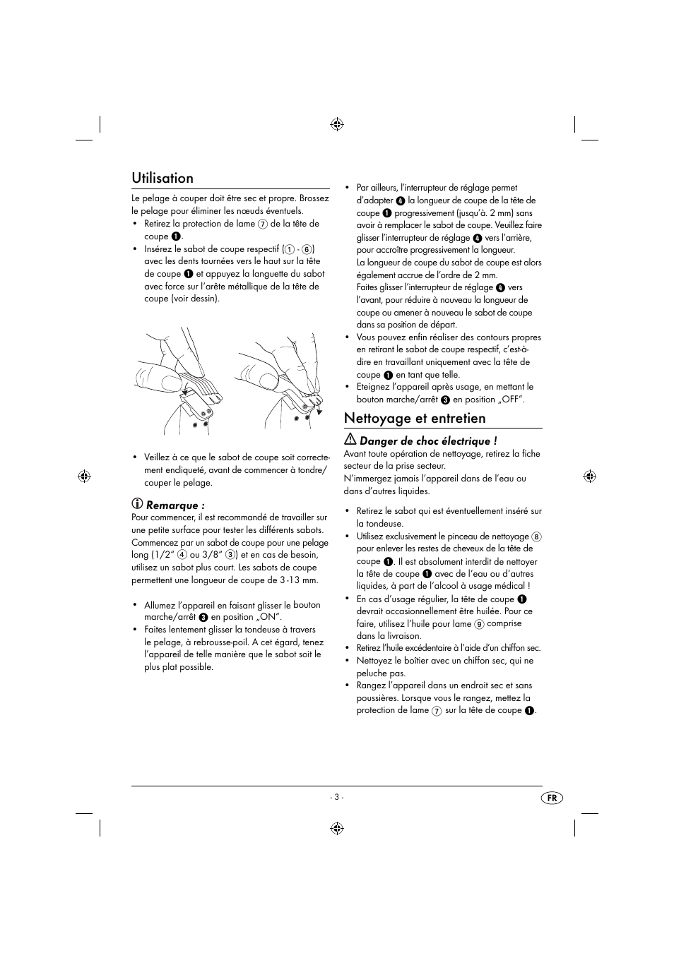 Utilisation, Nettoyage et entretien, Remarque | Danger de choc électrique | Zoofari Animal Hair Trimmer ZTSD 36 A1 User Manual | Page 6 / 16