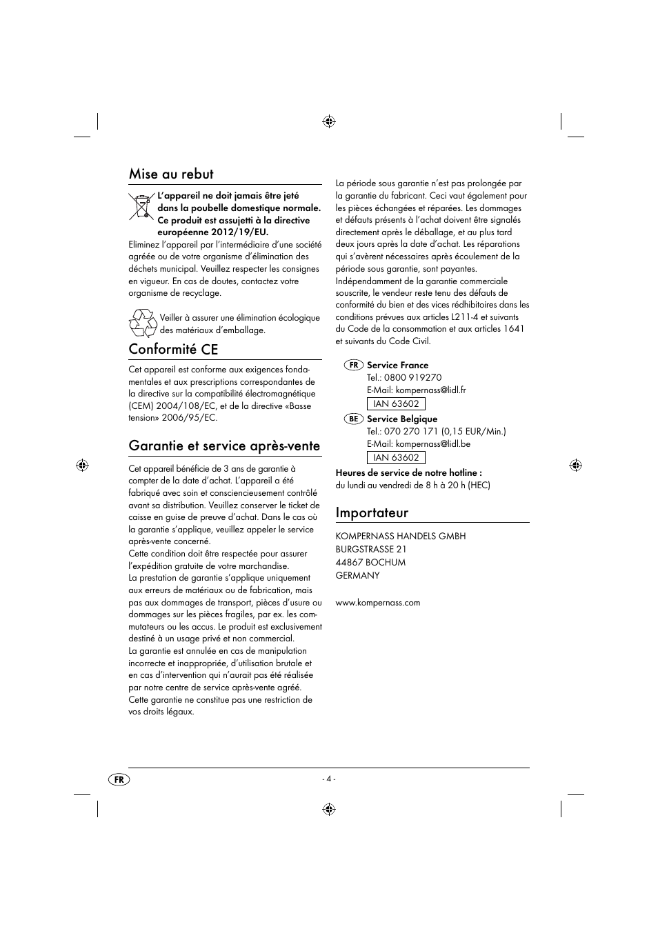 Mise au rebut, Conformité ce, Garantie et service après-vente | Importateur | Zoofari Animal Hair Trimmer ZTSD 36 A1 User Manual | Page 7 / 16