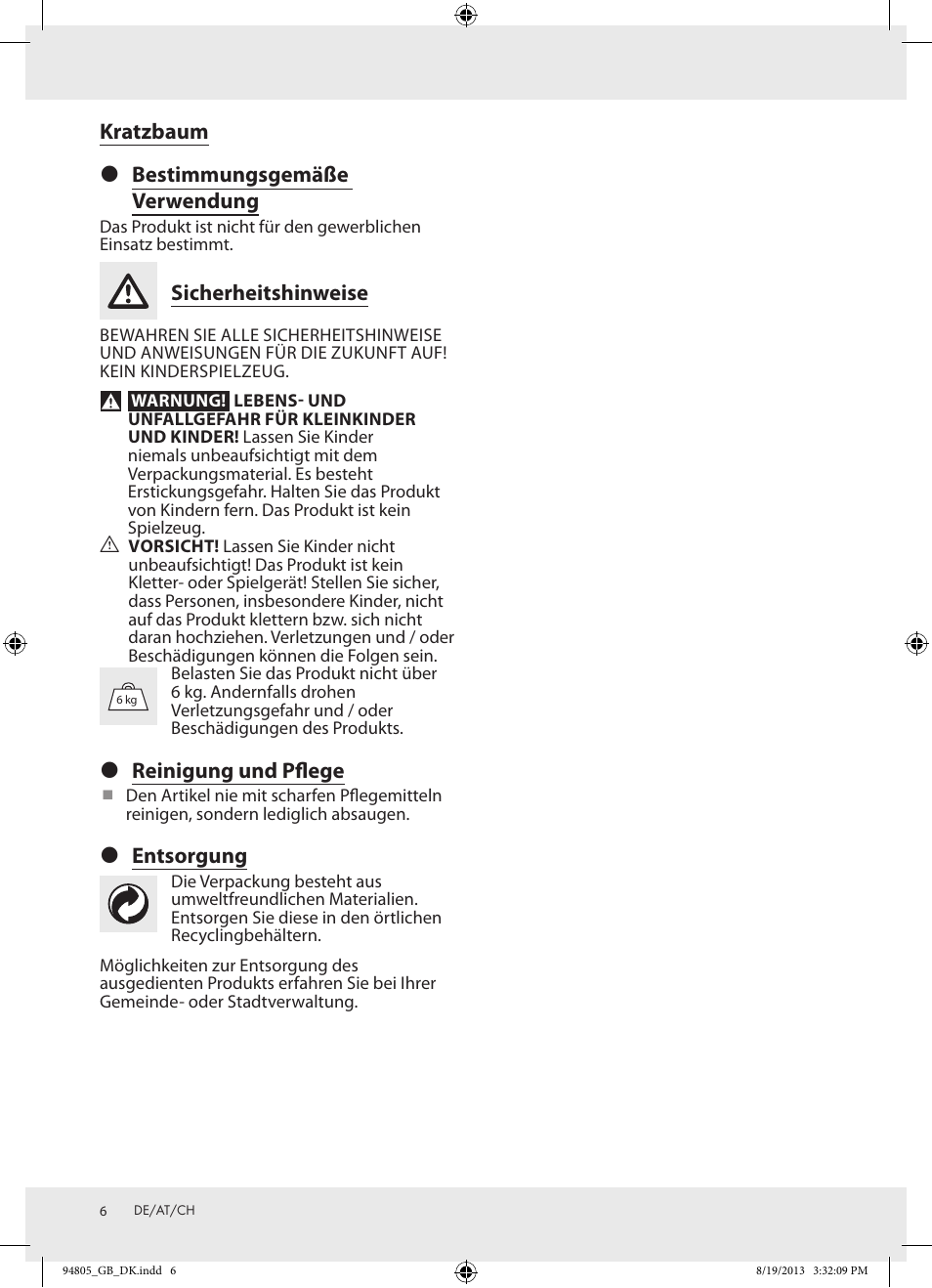 Kratzbaum  bestimmungsgemäße verwendung, Sicherheitshinweise, Reinigung und pflege | Entsorgung | Zoofari Scratching Post Z31807 User Manual | Page 6 / 9