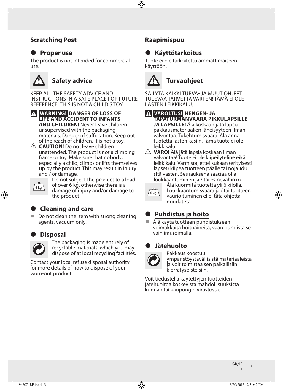 Zoofari Scratching Post Z31810 User Manual | Page 3 / 9