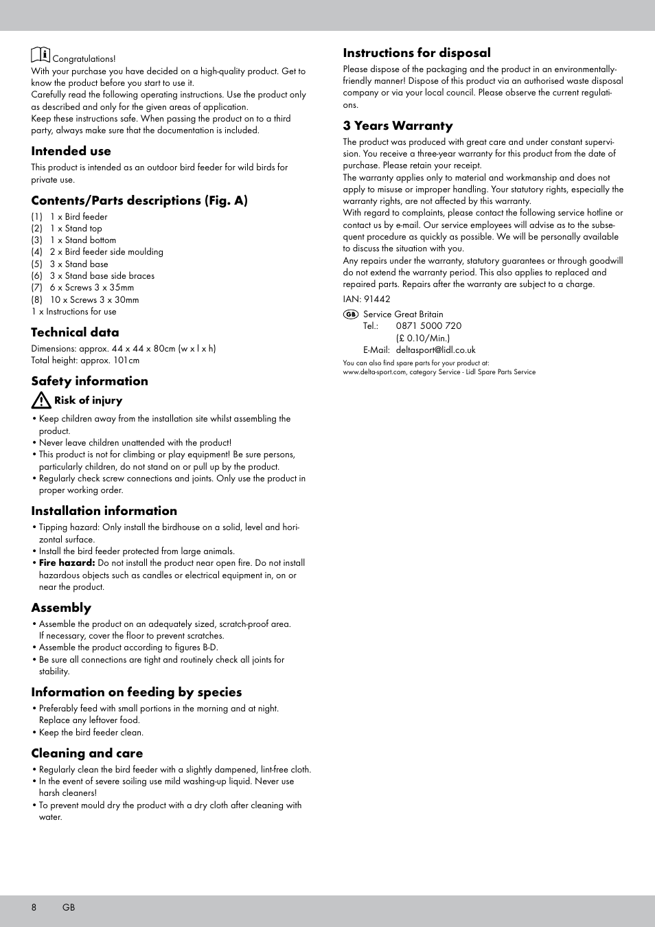 Intended use, Contents/parts descriptions (fig. a), Technical data | Safety information, Installation information, Assembly, Information on feeding by species, Cleaning and care, Instructions for disposal, 3 years warranty | Zoofari Bird Feeder User Manual | Page 8 / 12