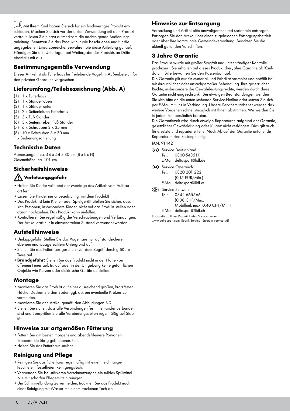 Bestimmungsgemäße verwendung, Lieferumfang/teilebezeichnung (abb. a), Technische daten | Sicherheitshinweise, Aufstellhinweise, Montage, Hinweise zur artgemäßen fütterung, Reinigung und pflege, Hinweise zur entsorgung, 3 jahre garantie | Zoofari Bird Feeder User Manual | Page 10 / 12