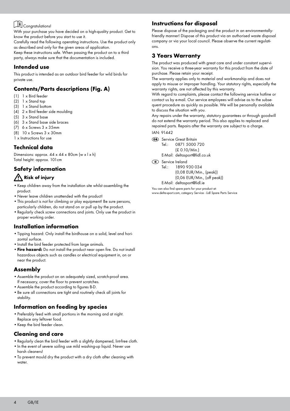 Intended use, Contents/parts descriptions (fig. a), Technical data | Safety information, Installation information, Assembly, Information on feeding by species, Cleaning and care, Instructions for disposal, 3 years warranty | Zoofari Bird Feeder User Manual | Page 4 / 12
