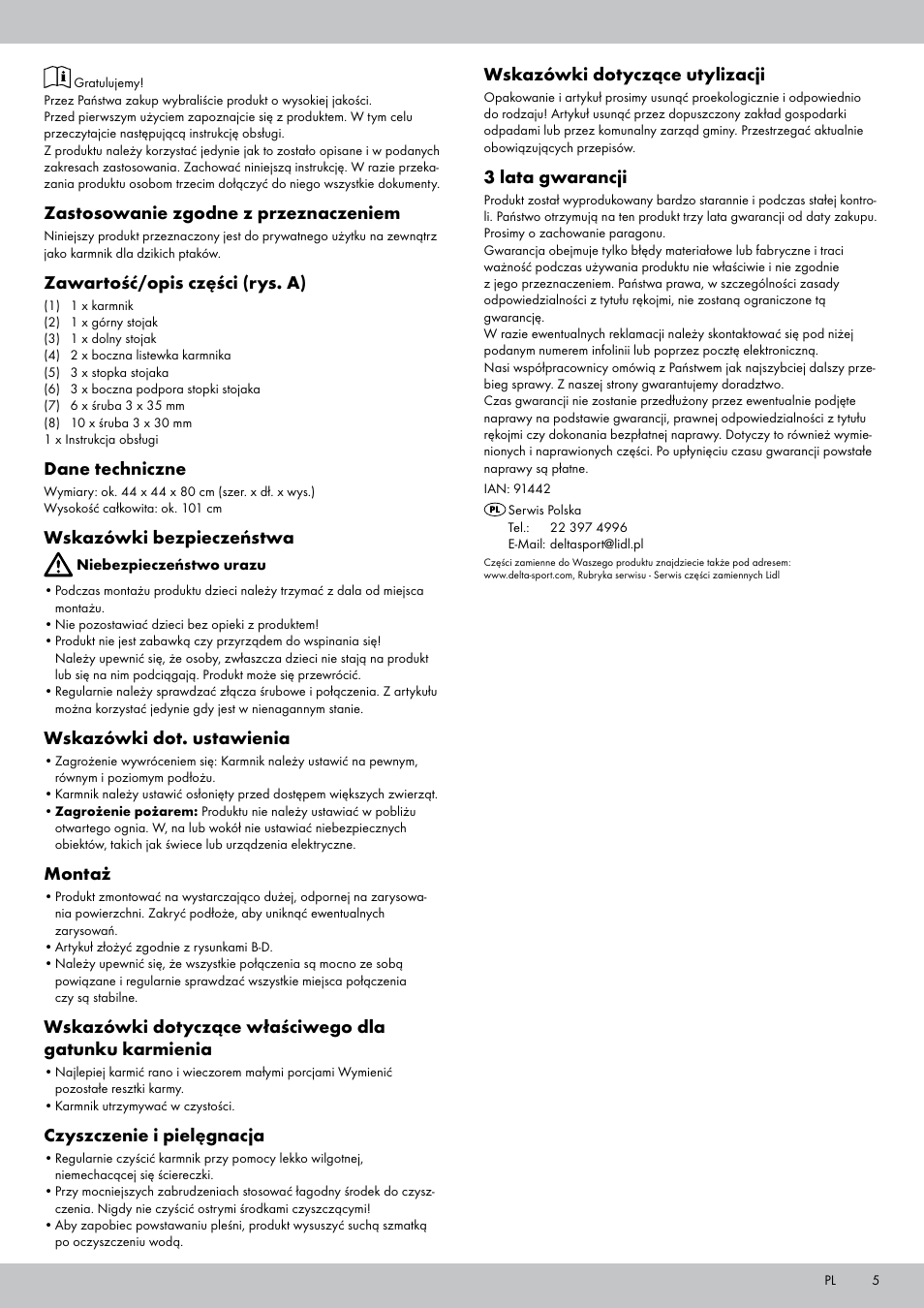 Zastosowanie zgodne z przeznaczeniem, Zawartość/opis części (rys. a), Dane techniczne | Wskazówki bezpieczeństwa, Wskazówki dot. ustawienia, Montaż, Czyszczenie i pielęgnacja, Wskazówki dotyczące utylizacji, 3 lata gwarancji | Zoofari Bird Feeder User Manual | Page 5 / 12