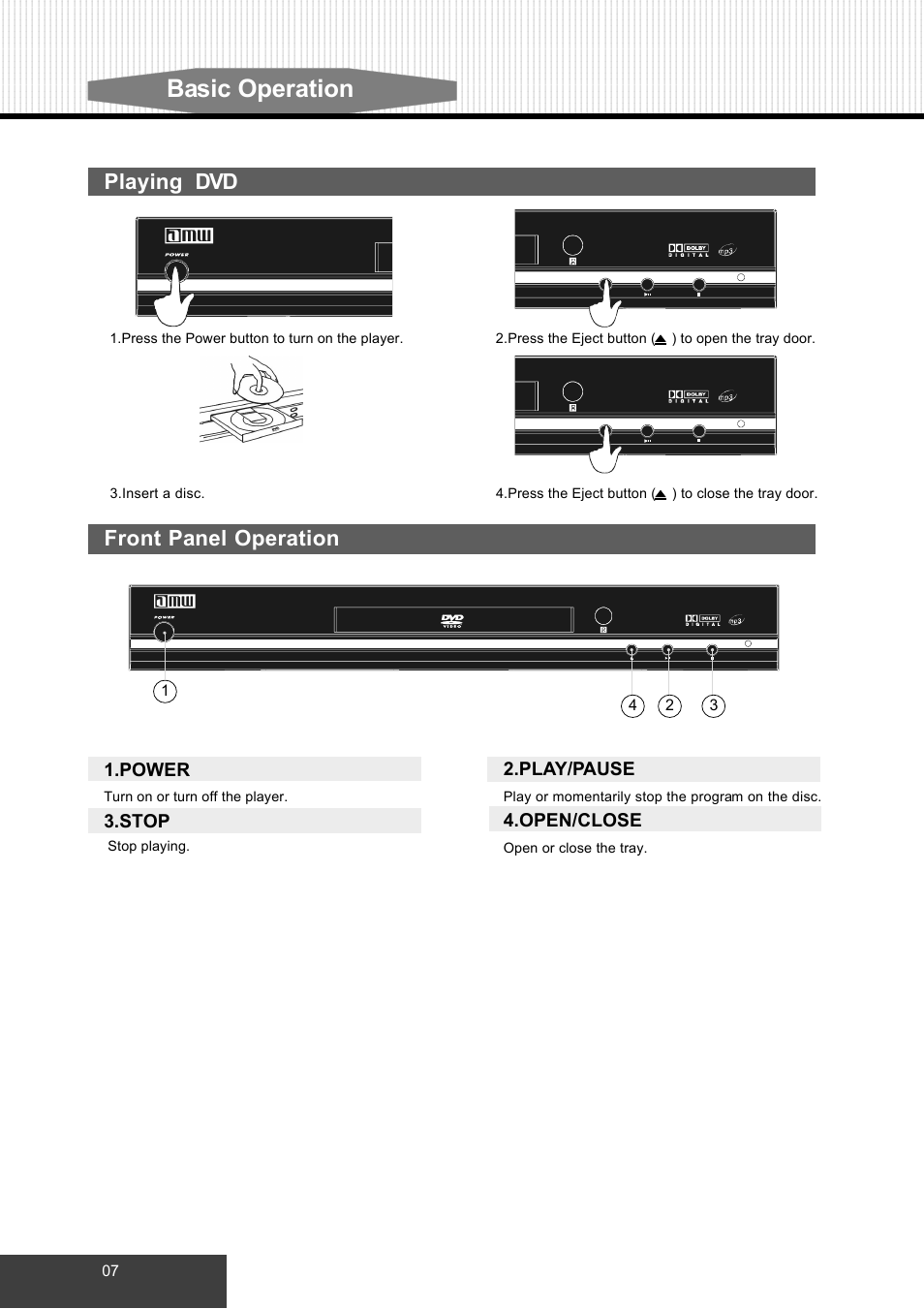 Basic operation, Playing dvd front panel operation | Dolby Laboratories S99 User Manual | Page 10 / 22