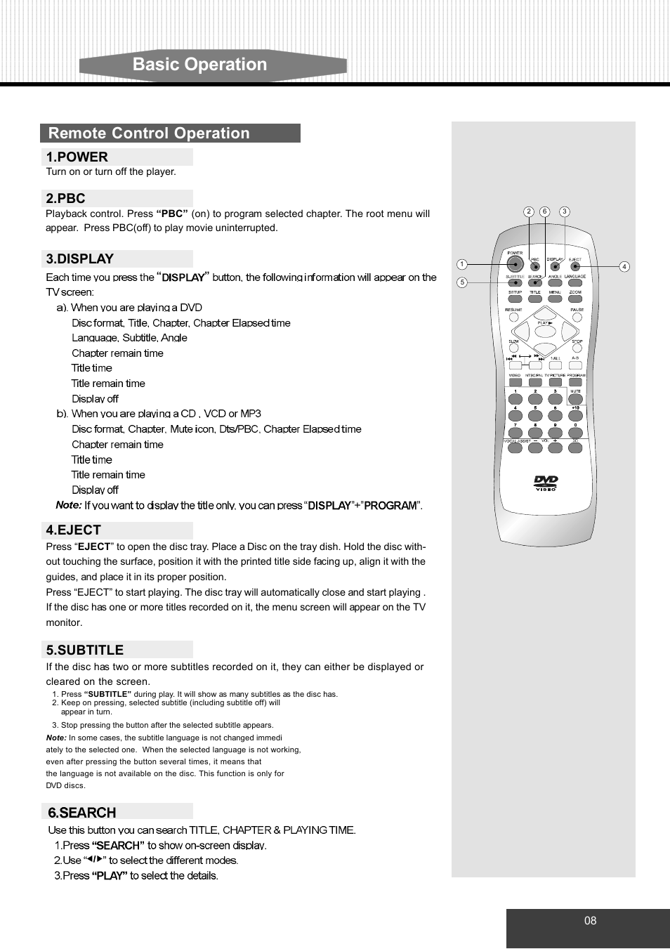 Basic operation, Remote control operation, Subtitle | Eject, Display, Pbc 1.power | Dolby Laboratories S99 User Manual | Page 11 / 22