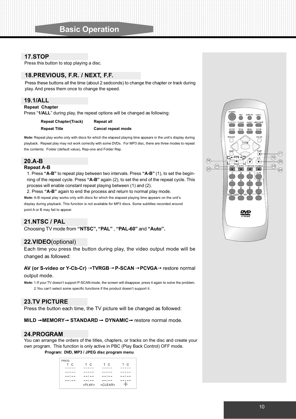 Basic operation, Program, Video (optional) | Ntsc / pal, 1/all, Previous, f.r. / next, f.f, Stop, Tv picture | Dolby Laboratories S99 User Manual | Page 13 / 22