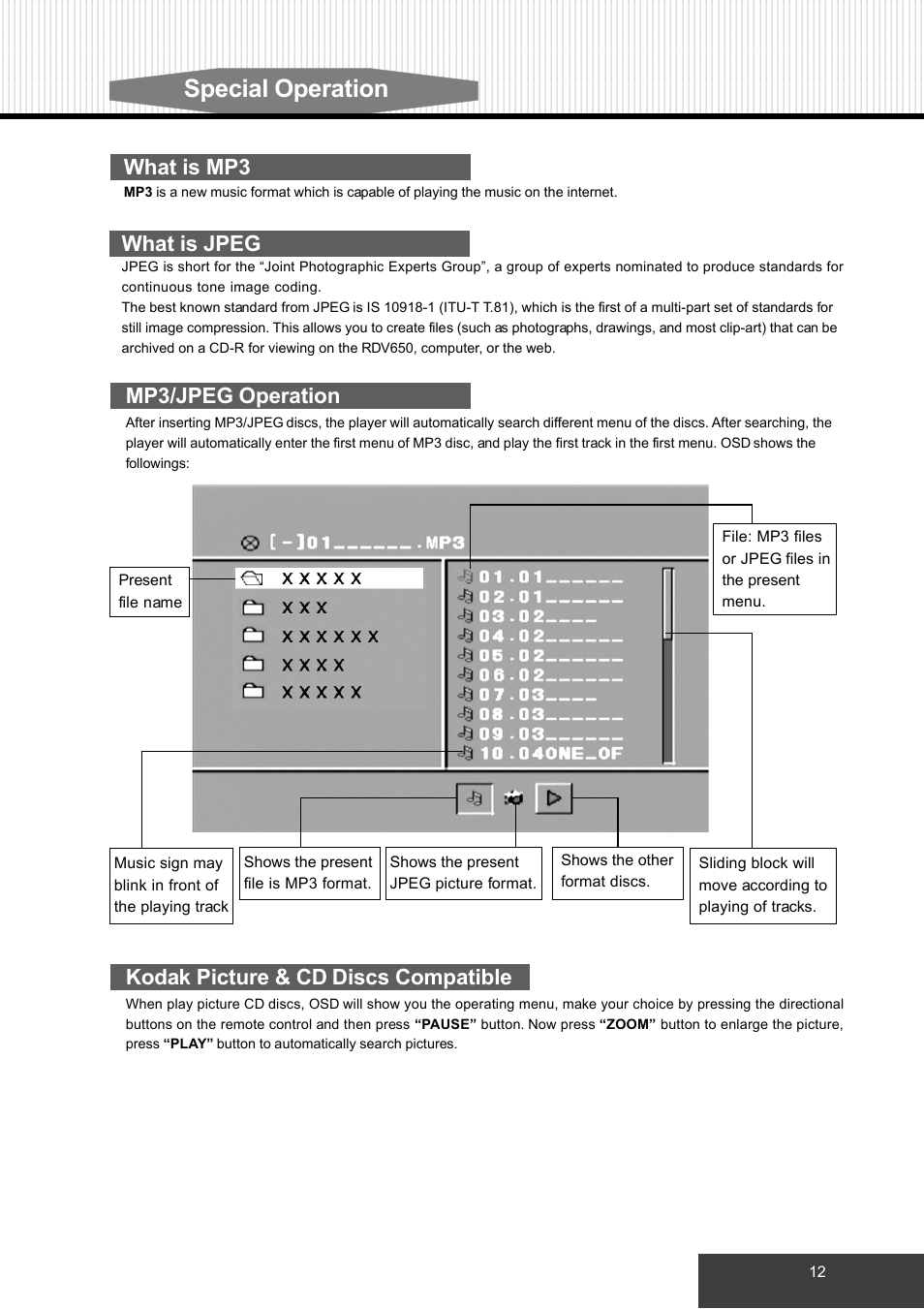 Special operation, What is mp3, Mp3/jpeg operation | What is jpeg, Kodak picture & cd discs compatible | Dolby Laboratories S99 User Manual | Page 15 / 22