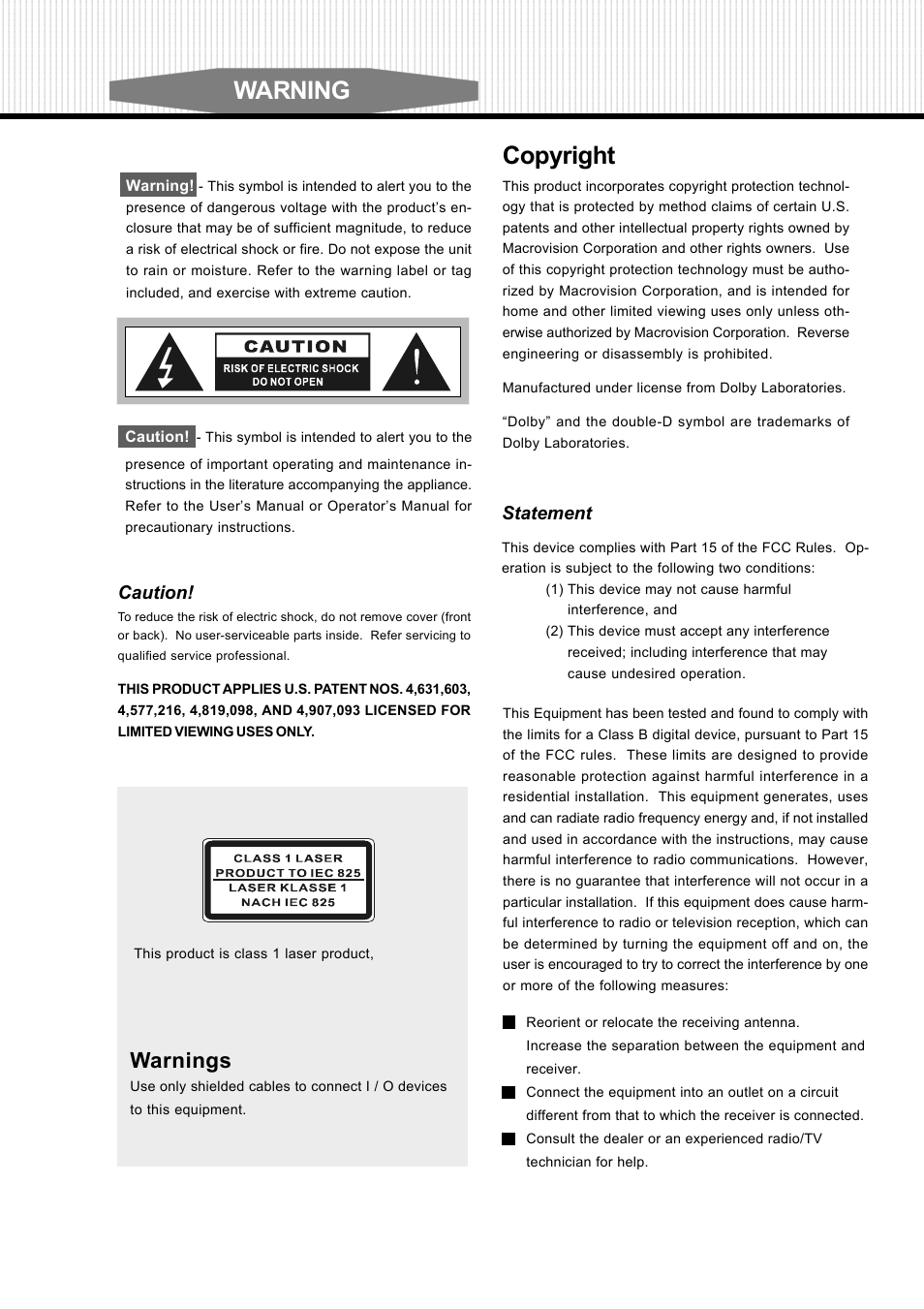Warning, Copyright, Warnings | Caution, Statement | Dolby Laboratories S99 User Manual | Page 3 / 22