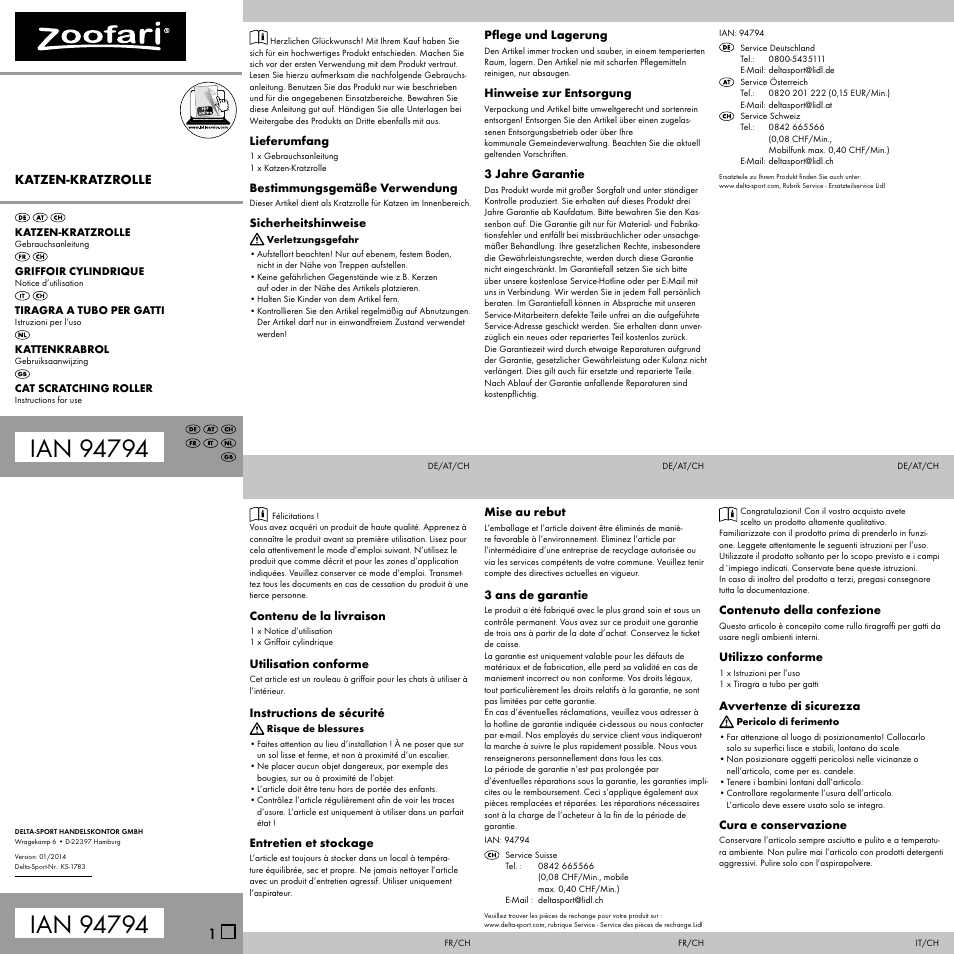 Zoofari Cat Scratching Roller User Manual | 2 pages