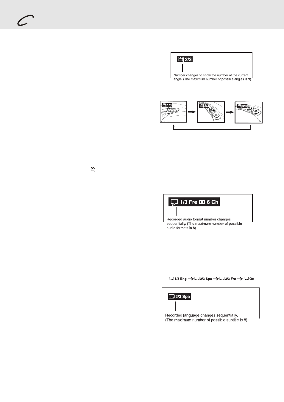 Playing a disc, Angle selection, Audio selection | Subtitle selection | Dolby Laboratories STS75E User Manual | Page 20 / 38