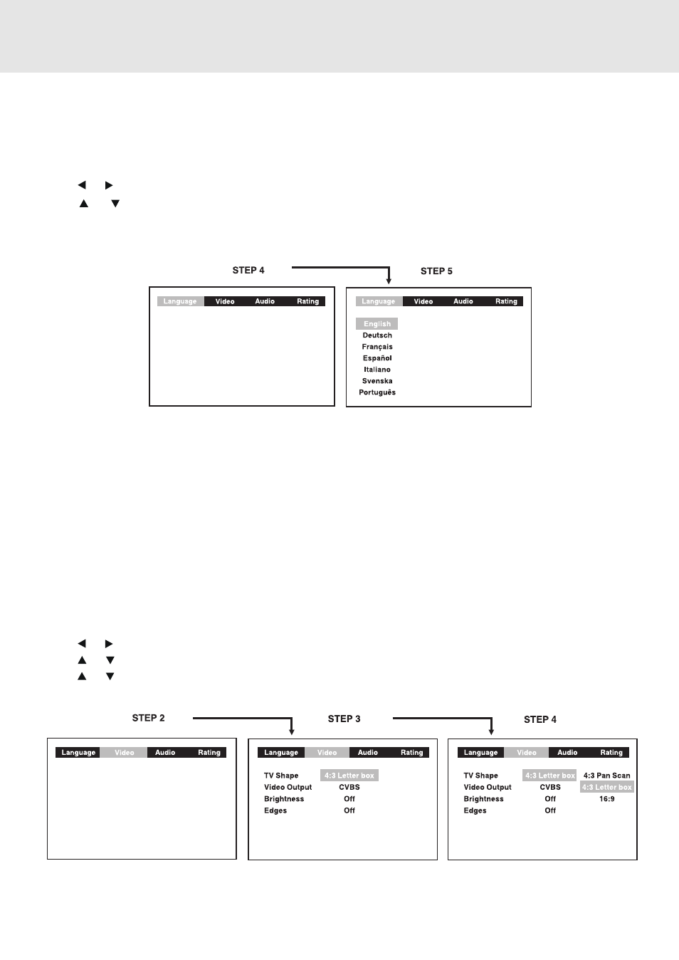 Customizing the function settings, Language setting, Video setting | Tv shape | Dolby Laboratories STS75E User Manual | Page 28 / 38