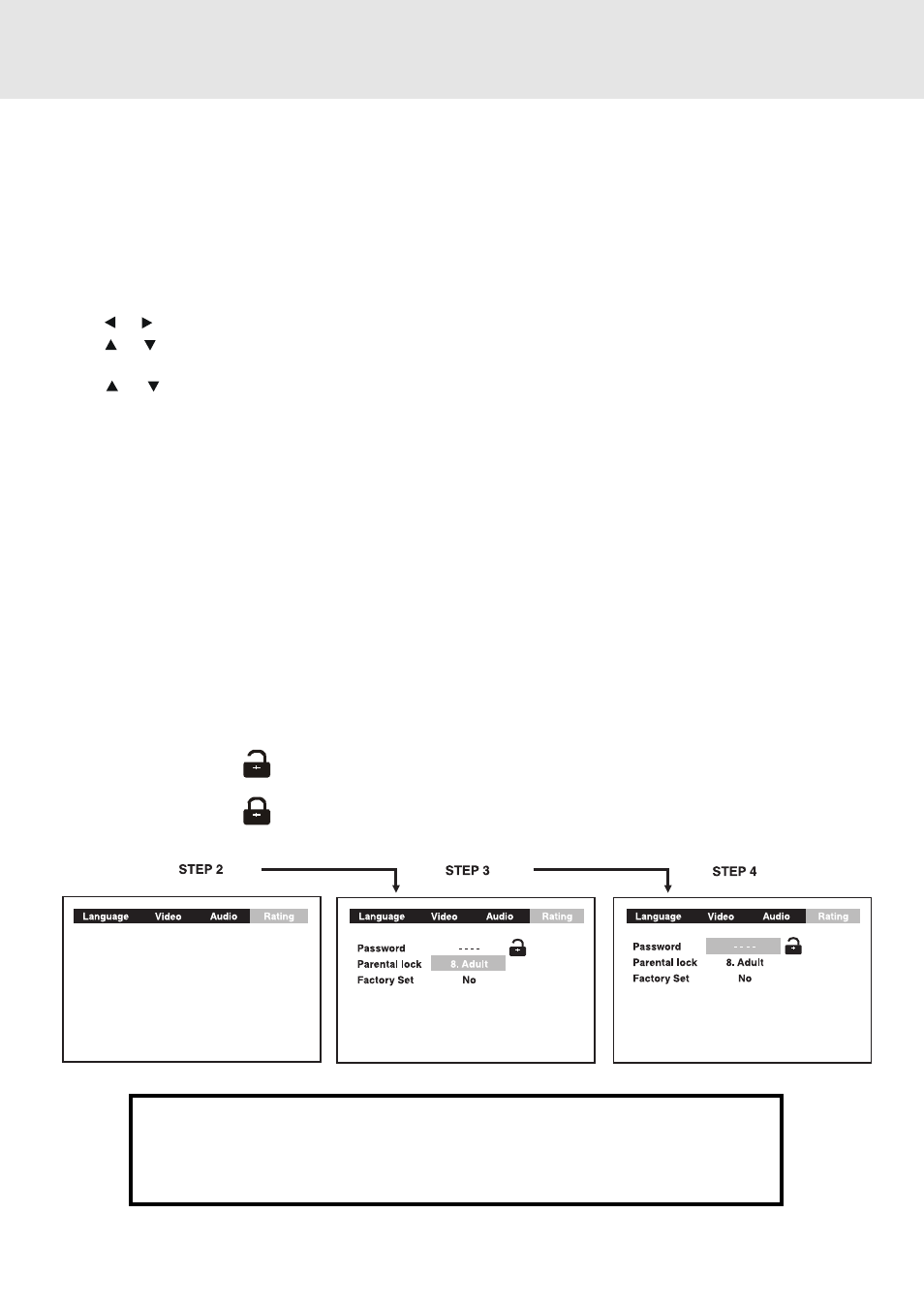 Customizing the function settings, Rating setting, Password/parental lock | Dolby Laboratories STS75E User Manual | Page 34 / 38