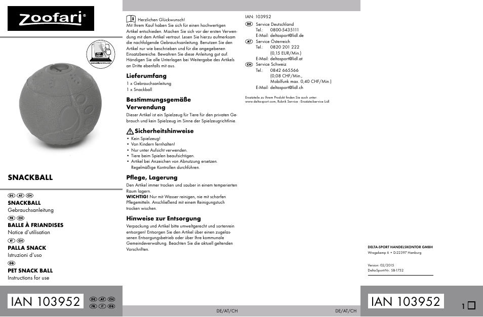 Zoofari Pet Snack Ball User Manual | 2 pages