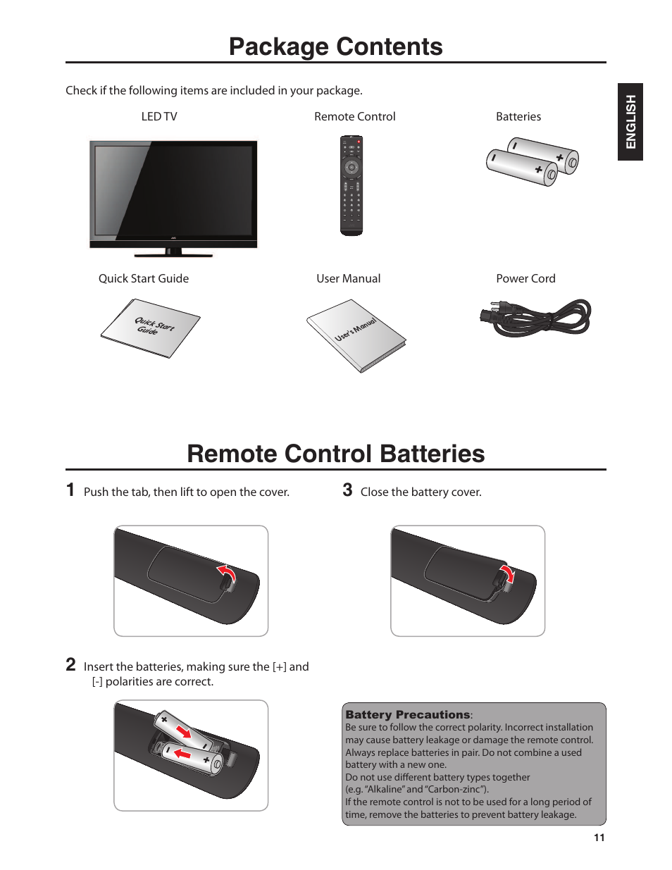 Package contents, Remote control batteries | Dolby Laboratories JLE42BC3500 User Manual | Page 13 / 46