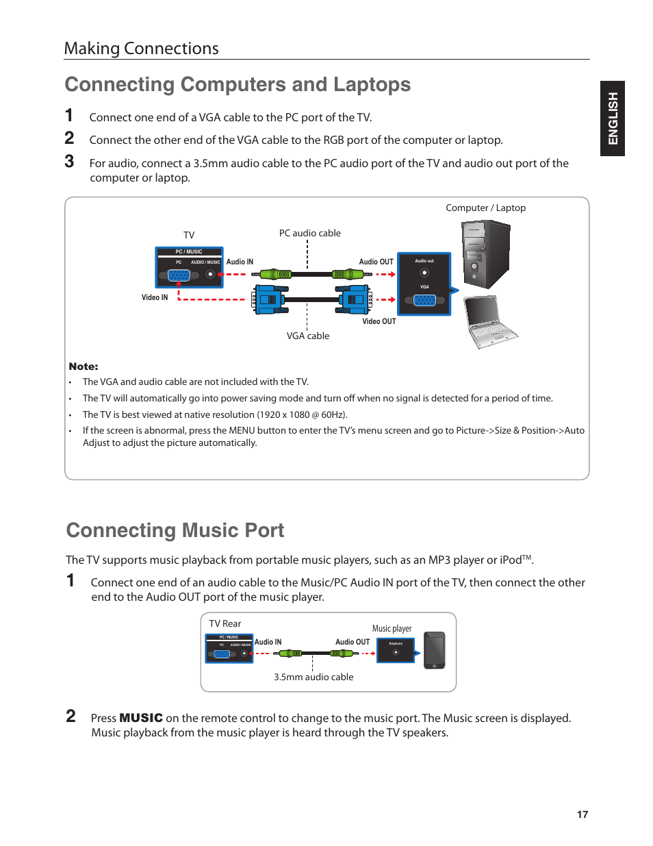 Connecting music port, Connecting computers and laptops, Making connections | Dolby Laboratories JLE42BC3500 User Manual | Page 19 / 46