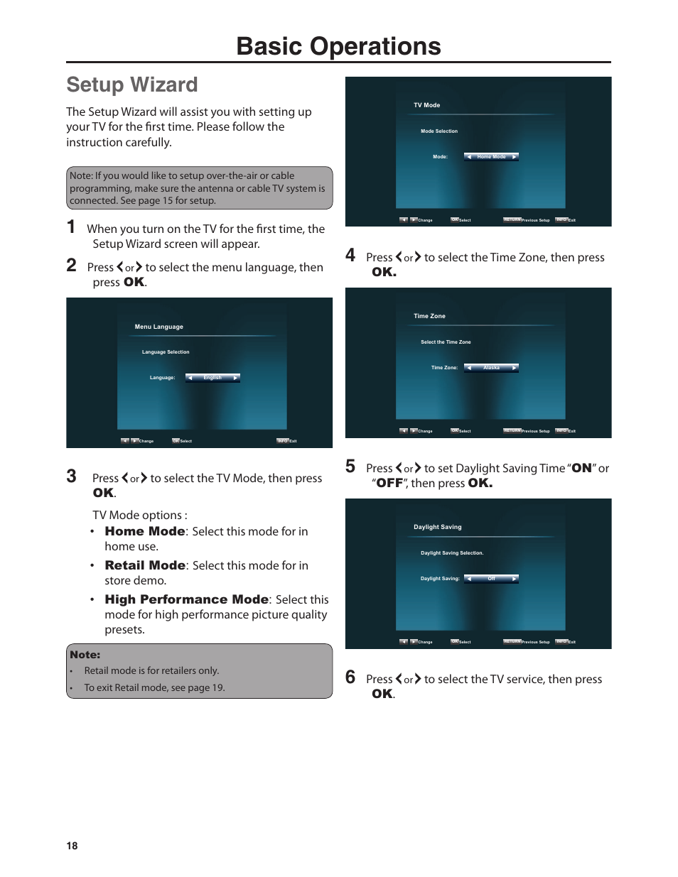 Basic operations, Setup wizard, Press | Dolby Laboratories JLE42BC3500 User Manual | Page 20 / 46