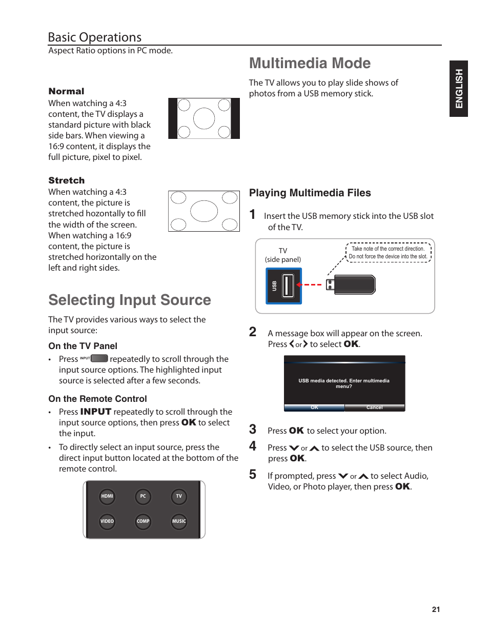 Multimedia mode, Selecting input source, Basic operations | Playing multimedia files | Dolby Laboratories JLE42BC3500 User Manual | Page 23 / 46