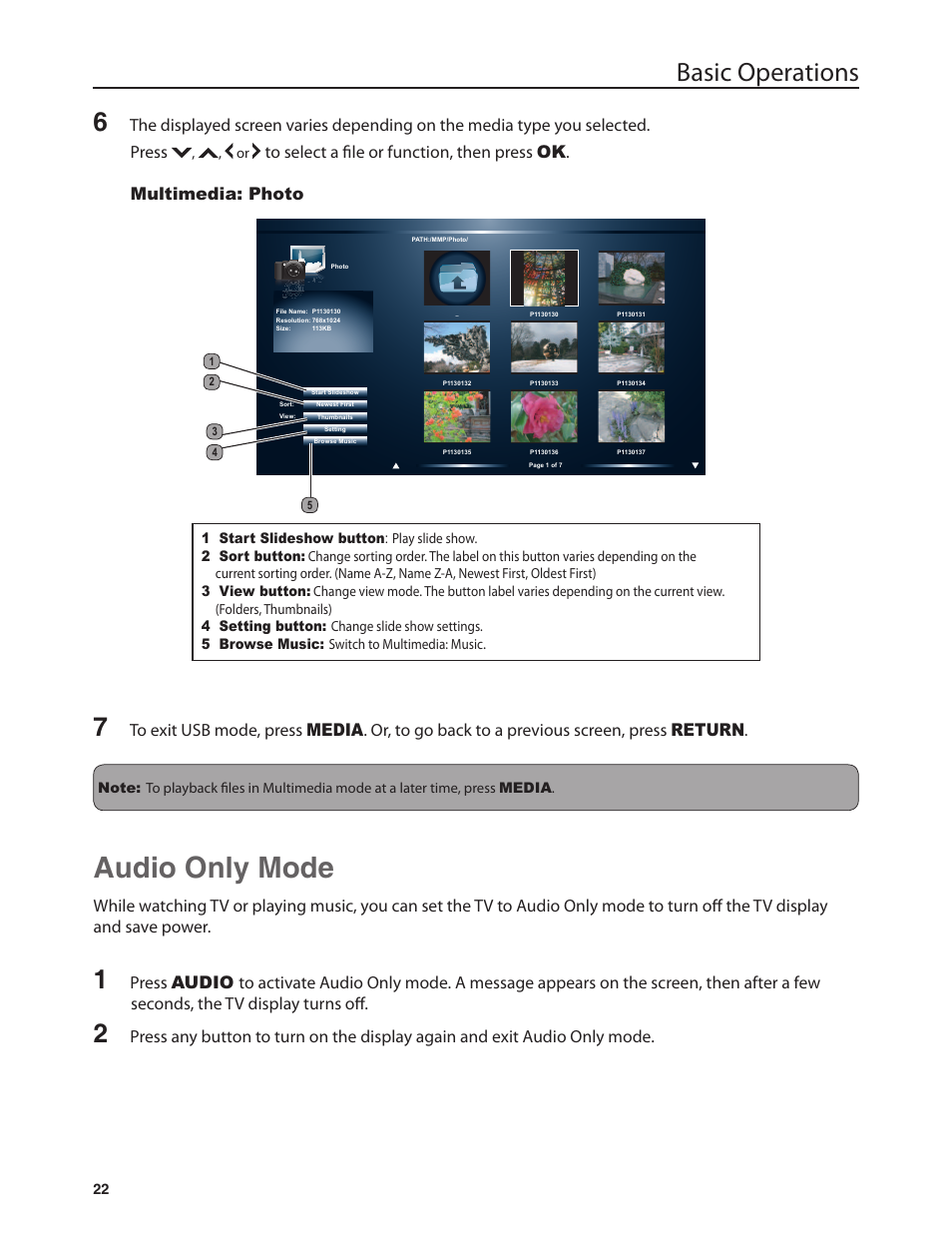 Audio only mode, Basic operations | Dolby Laboratories JLE42BC3500 User Manual | Page 24 / 46