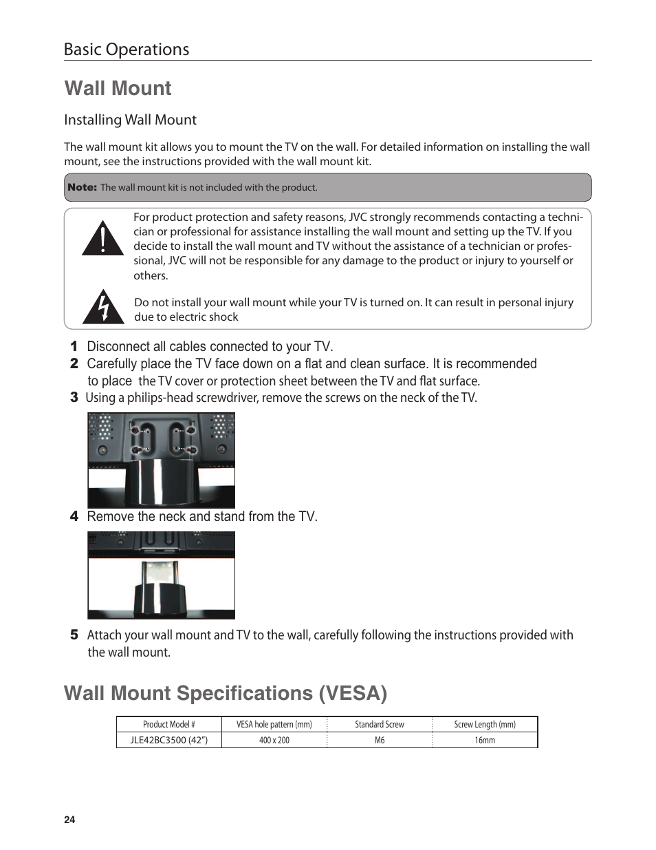 Wall mount, 9cnn /qwpv 5rgekſecvkqpu 8'5, Basic operations | Dolby Laboratories JLE42BC3500 User Manual | Page 26 / 46