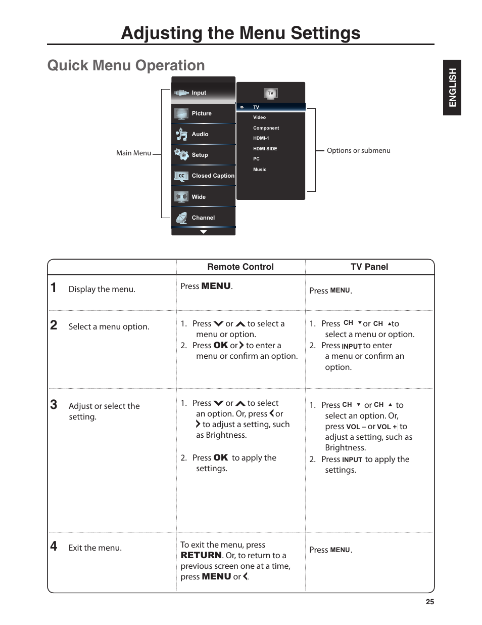 Adjusting the menu settings, Quick menu operation | Dolby Laboratories JLE42BC3500 User Manual | Page 27 / 46