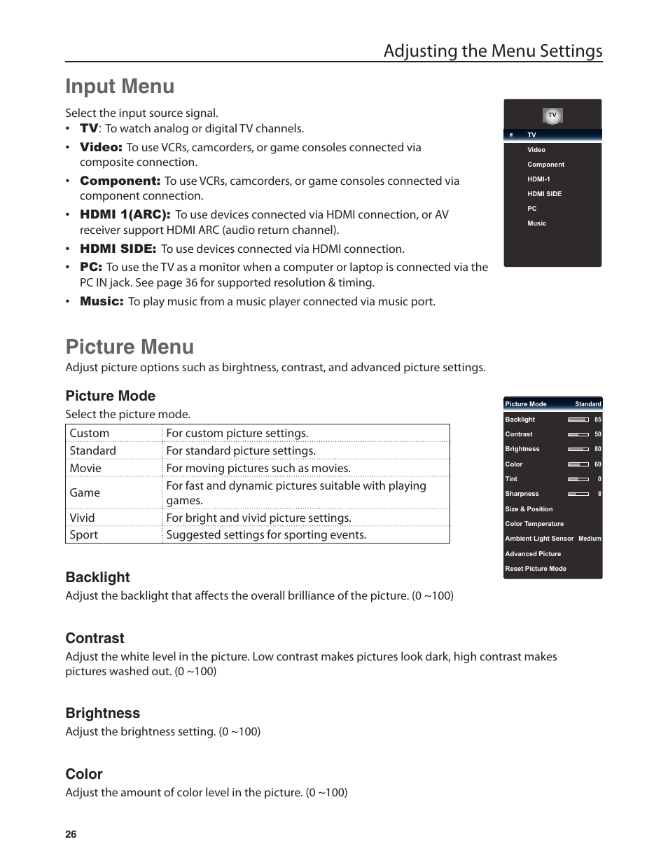 Input menu, Picture menu, Adjusting the menu settings | Picture mode, Backlight, Contrast, Brightness, Color | Dolby Laboratories JLE42BC3500 User Manual | Page 28 / 46