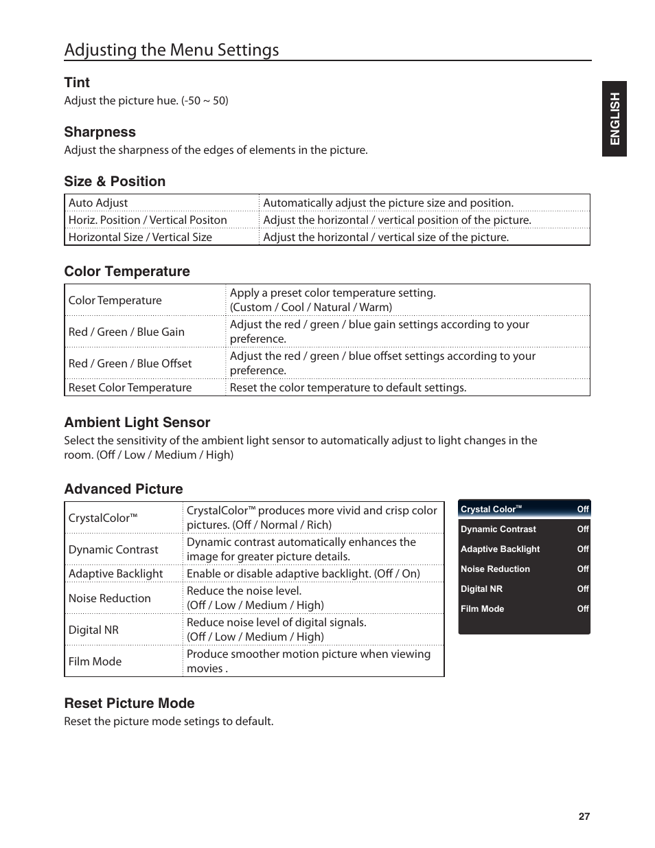 Adjusting the menu settings, Tint, Sharpness | Size & position, Color temperature, Ambient light sensor, Advanced picture, Reset picture mode | Dolby Laboratories JLE42BC3500 User Manual | Page 29 / 46