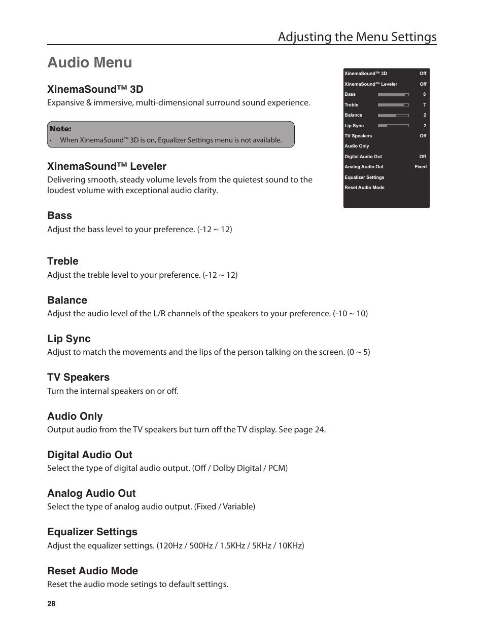 Audio menu, Adjusting the menu settings, Xinemasound™ 3d | Xinemasound™ leveler, Bass, Treble, Balance, Lip sync, Tv speakers, Audio only | Dolby Laboratories JLE42BC3500 User Manual | Page 30 / 46