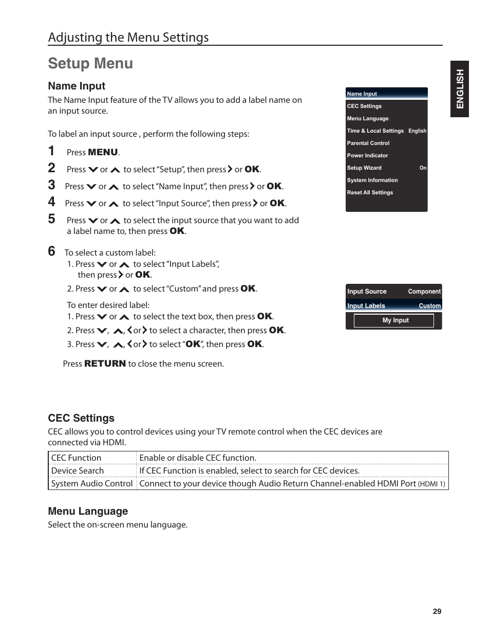 Setup menu, Adjusting the menu settings, Name input | Cec settings, Menu language | Dolby Laboratories JLE42BC3500 User Manual | Page 31 / 46