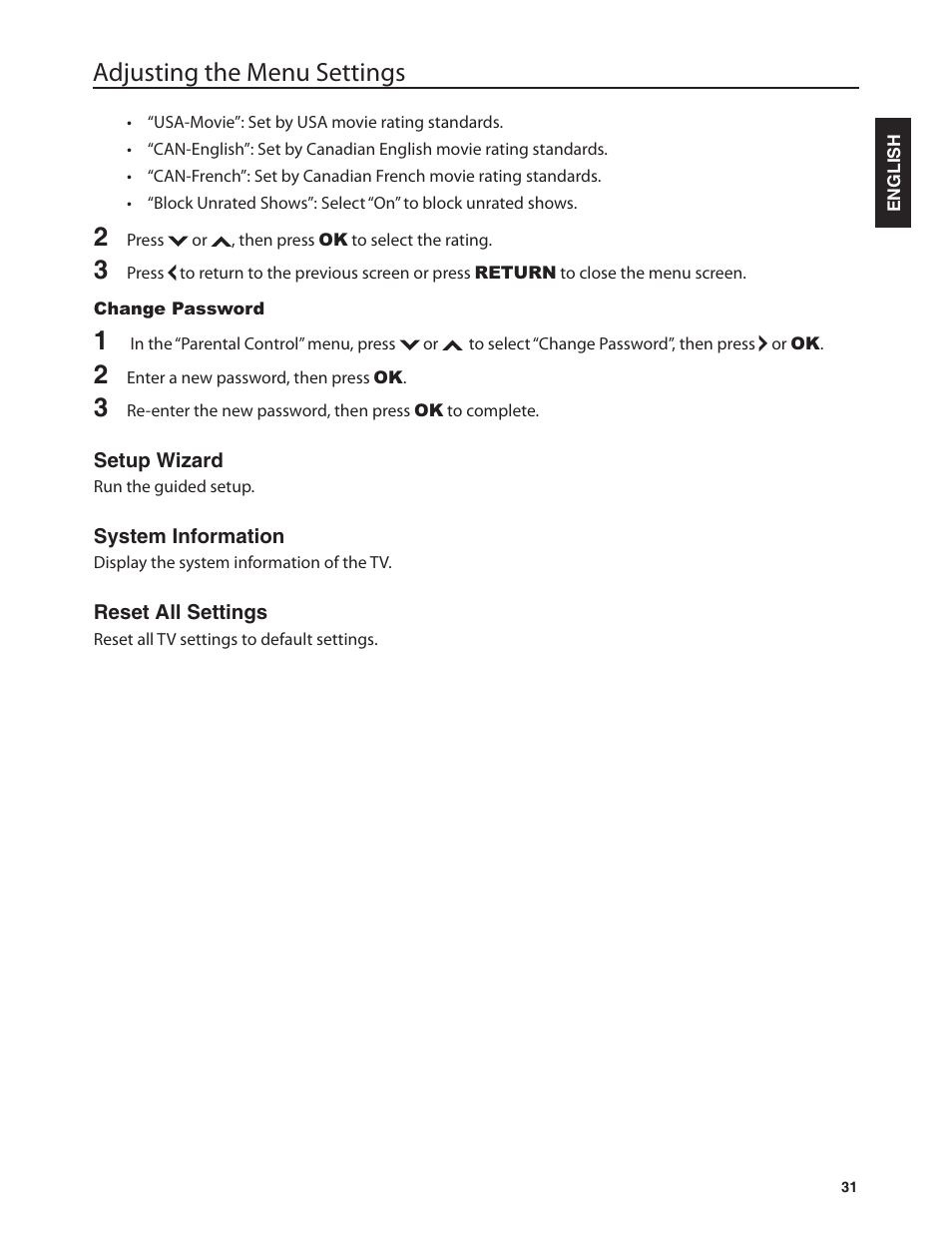 Adjusting the menu settings | Dolby Laboratories JLE42BC3500 User Manual | Page 33 / 46