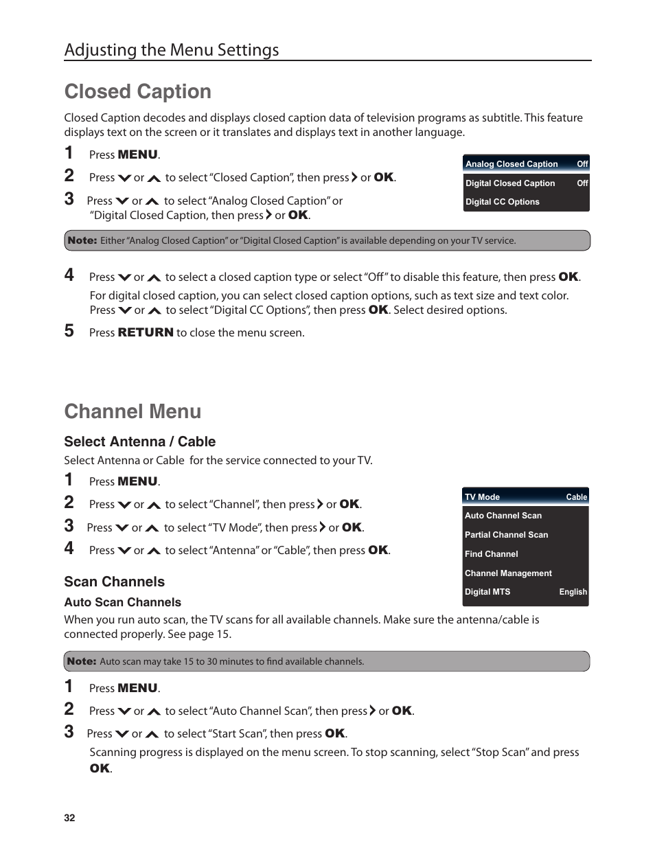 Channel menu, Closed caption, Adjusting the menu settings | Dolby Laboratories JLE42BC3500 User Manual | Page 34 / 46