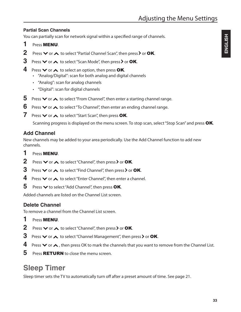 Sleep timer, Adjusting the menu settings | Dolby Laboratories JLE42BC3500 User Manual | Page 35 / 46