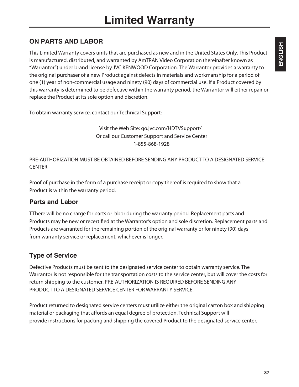 Limited warranty | Dolby Laboratories JLE42BC3500 User Manual | Page 39 / 46