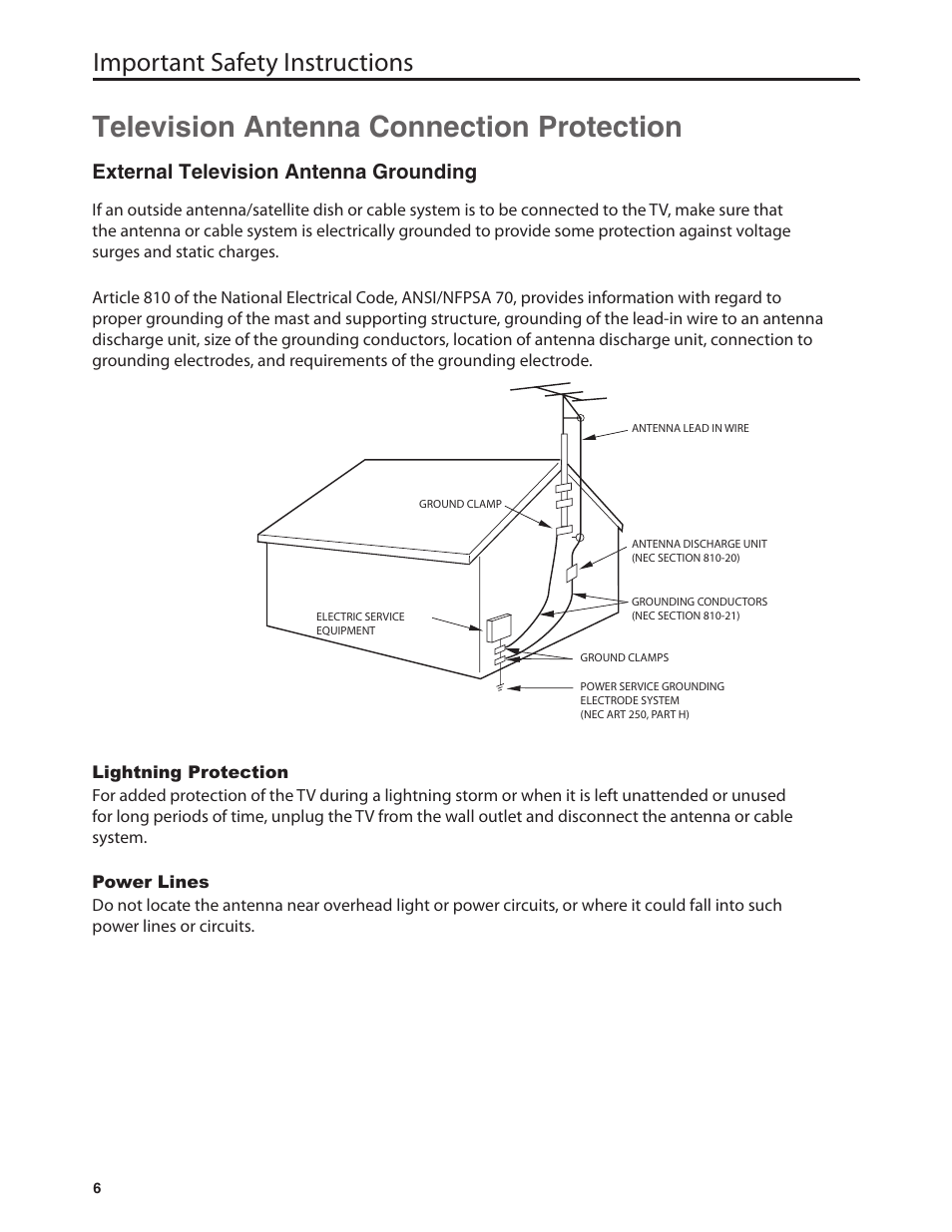 Television antenna connection protection, Important safety instructions, External television antenna grounding | Dolby Laboratories JLE42BC3500 User Manual | Page 8 / 46