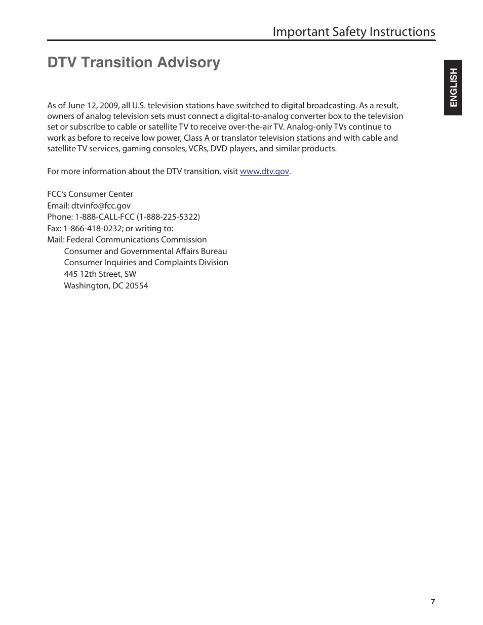 Dtv transition advisory, Important safety instructions | Dolby Laboratories JLE42BC3500 User Manual | Page 9 / 46