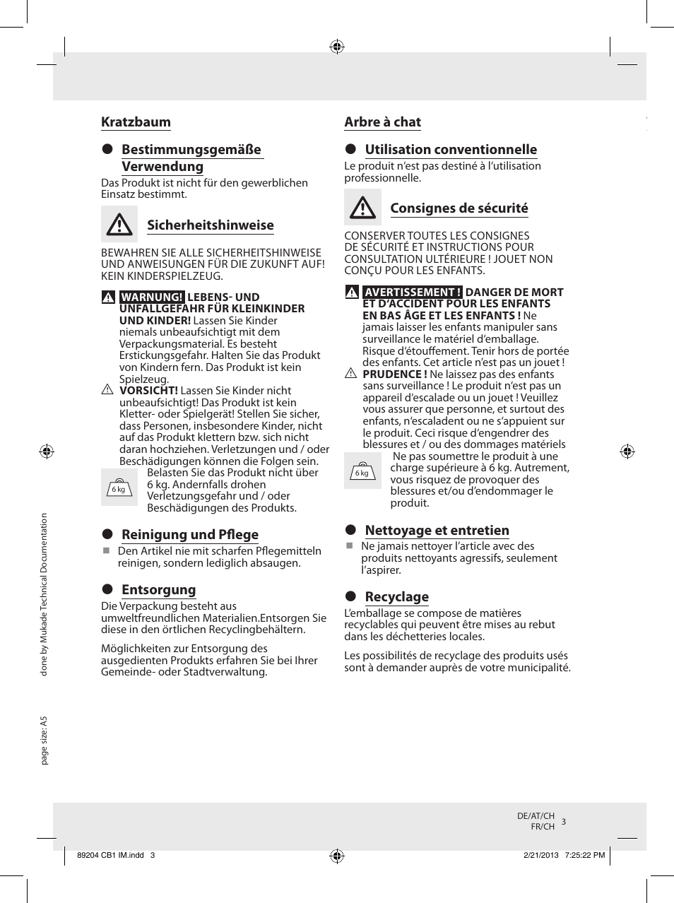 Kratzbaum bestimmungsgemäße verwendung, Sicherheitshinweise, Reinigung und pflege | Entsorgung, Arbre à chat utilisation conventionnelle, Consignes de sécurité, Nettoyage et entretien, Recyclage, Tiragraffi per gatti utilizzo determinato, Avvertenze di sicurezza | Zoofari Scratching Post Z30852 User Manual | Page 3 / 6