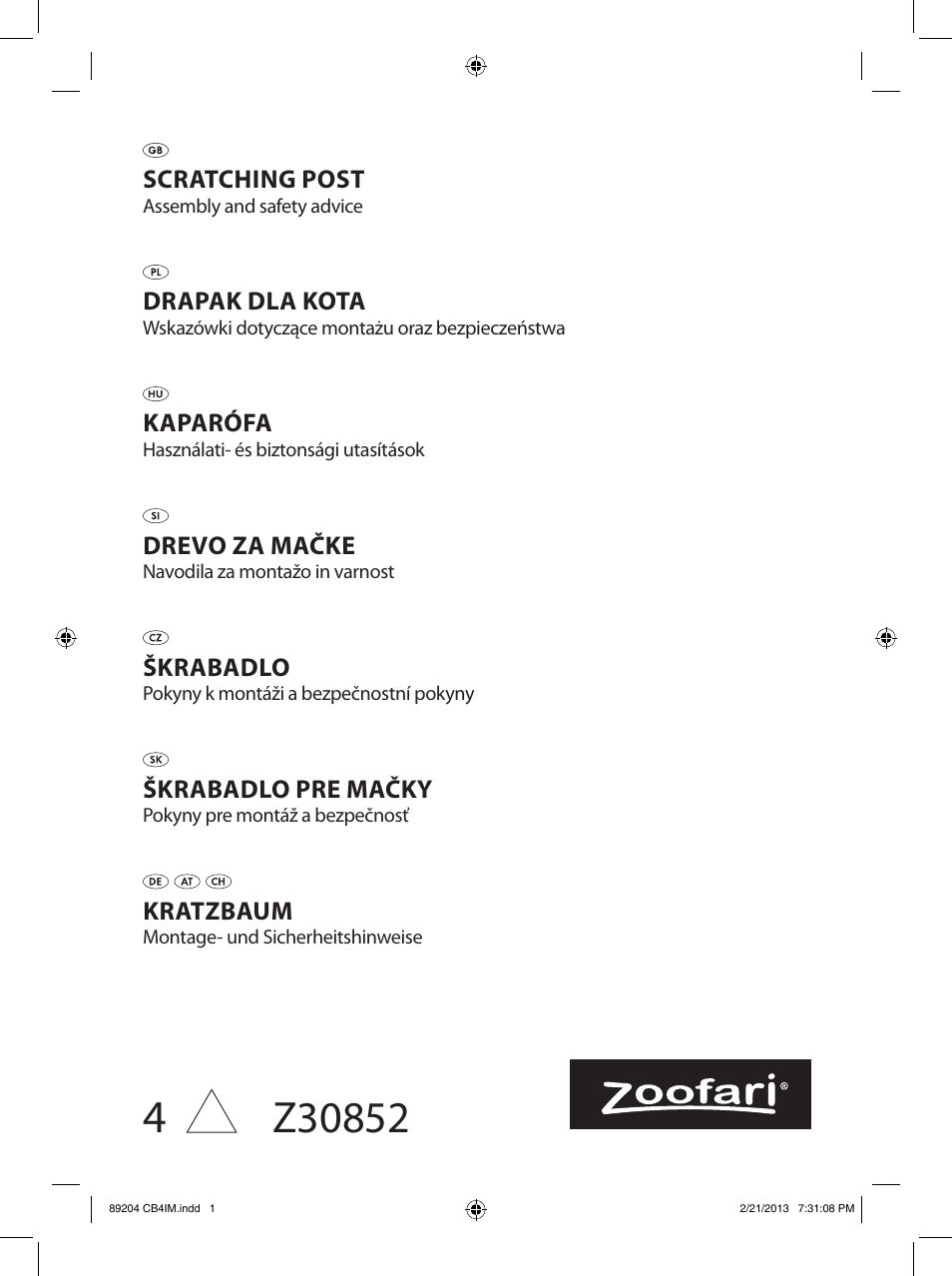 Zoofari Scratching Post Z30852 User Manual | 8 pages