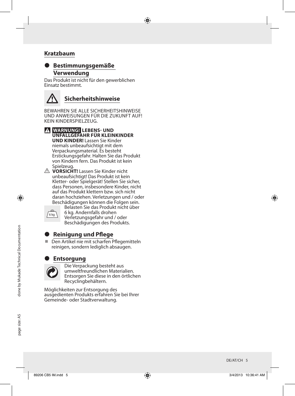 Kratzbaum  bestimmungsgemäße verwendung, Sicherheitshinweise, Reinigung und pflege | Entsorgung | Zoofari Scratching Post Z30853 User Manual | Page 5 / 7