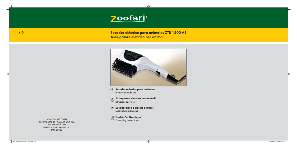 Zoofari Electric Pet Hairdryer ZTB 1500 A1 User Manual | 82 pages