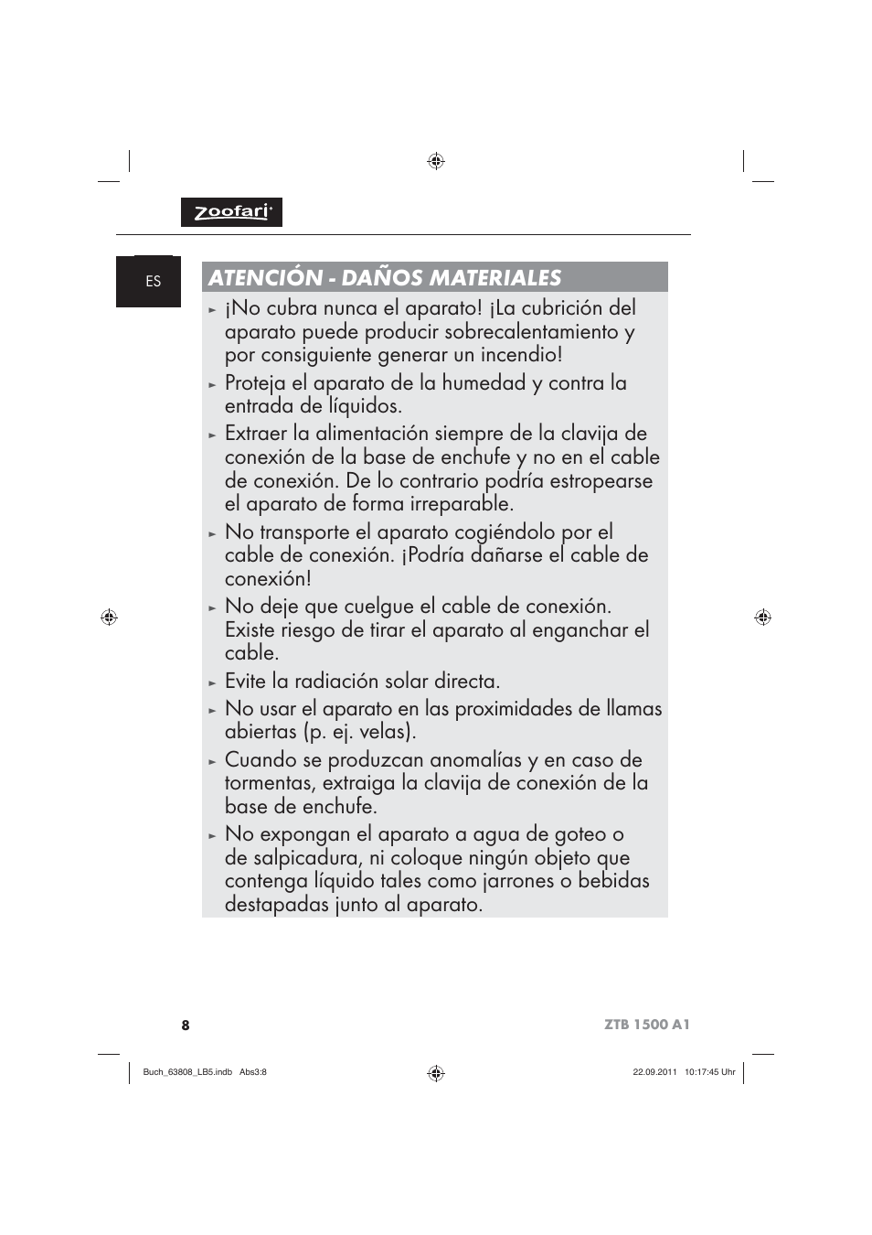 No usar el aparato en las proximidades de llamas | Zoofari Electric Pet Hairdryer ZTB 1500 A1 User Manual | Page 10 / 82