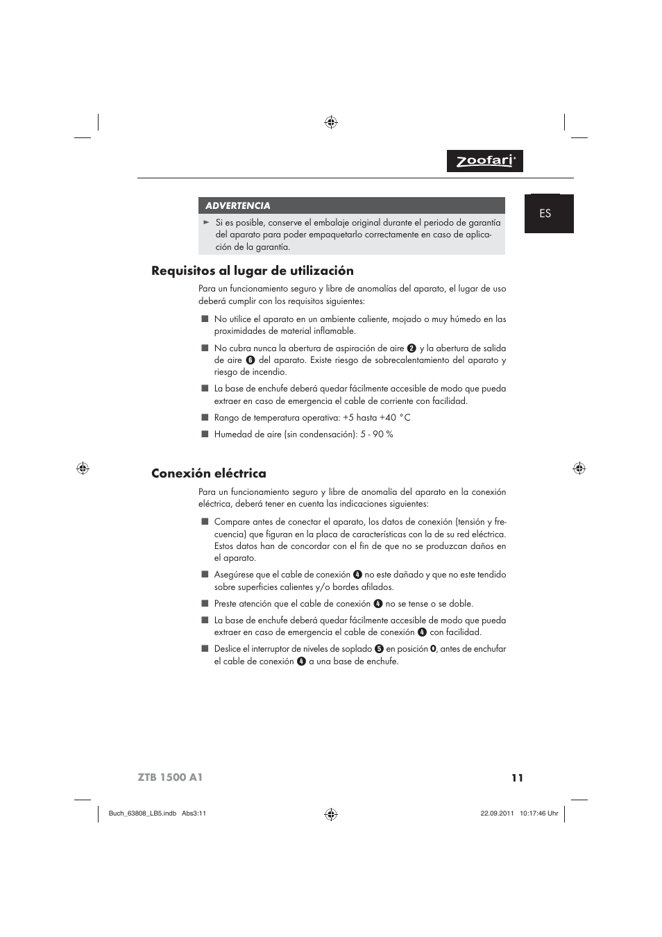 Requisitos al lugar de utilización, Conexión eléctrica | Zoofari Electric Pet Hairdryer ZTB 1500 A1 User Manual | Page 13 / 82