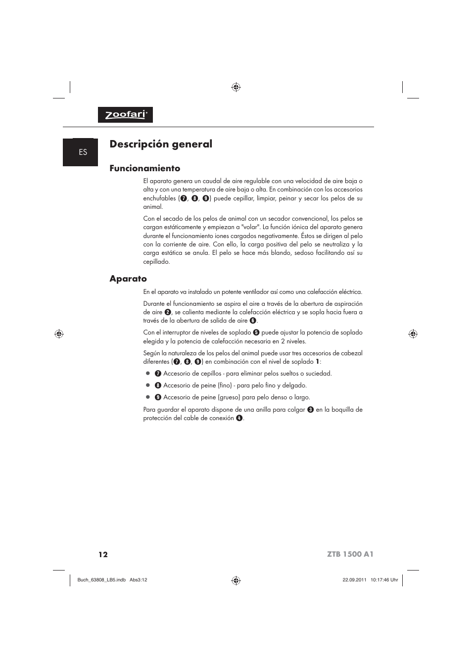 Descripción general, Funcionamiento, Aparato | Zoofari Electric Pet Hairdryer ZTB 1500 A1 User Manual | Page 14 / 82