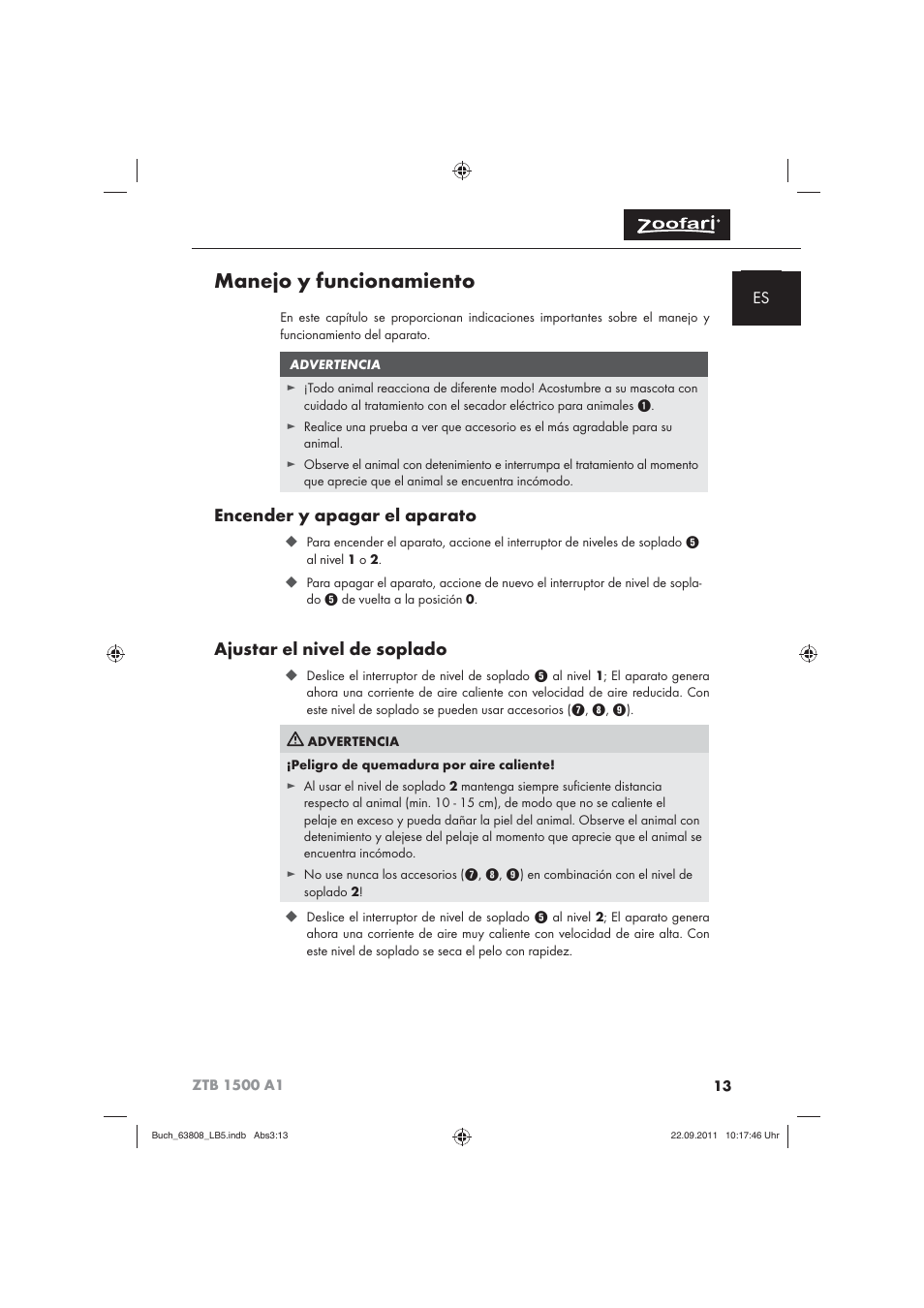 Manejo y funcionamiento, Encender y apagar el aparato, Ajustar el nivel de soplado | Zoofari Electric Pet Hairdryer ZTB 1500 A1 User Manual | Page 15 / 82