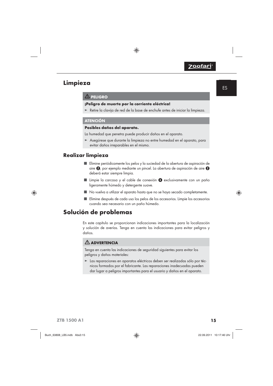 Limpieza, Solución de problemas, Realizar limpieza | Zoofari Electric Pet Hairdryer ZTB 1500 A1 User Manual | Page 17 / 82