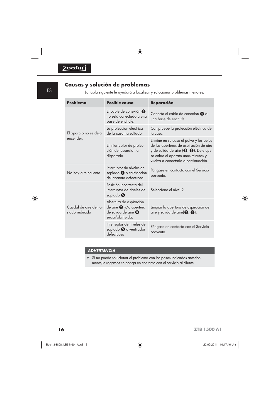 Causas y solución de problemas | Zoofari Electric Pet Hairdryer ZTB 1500 A1 User Manual | Page 18 / 82