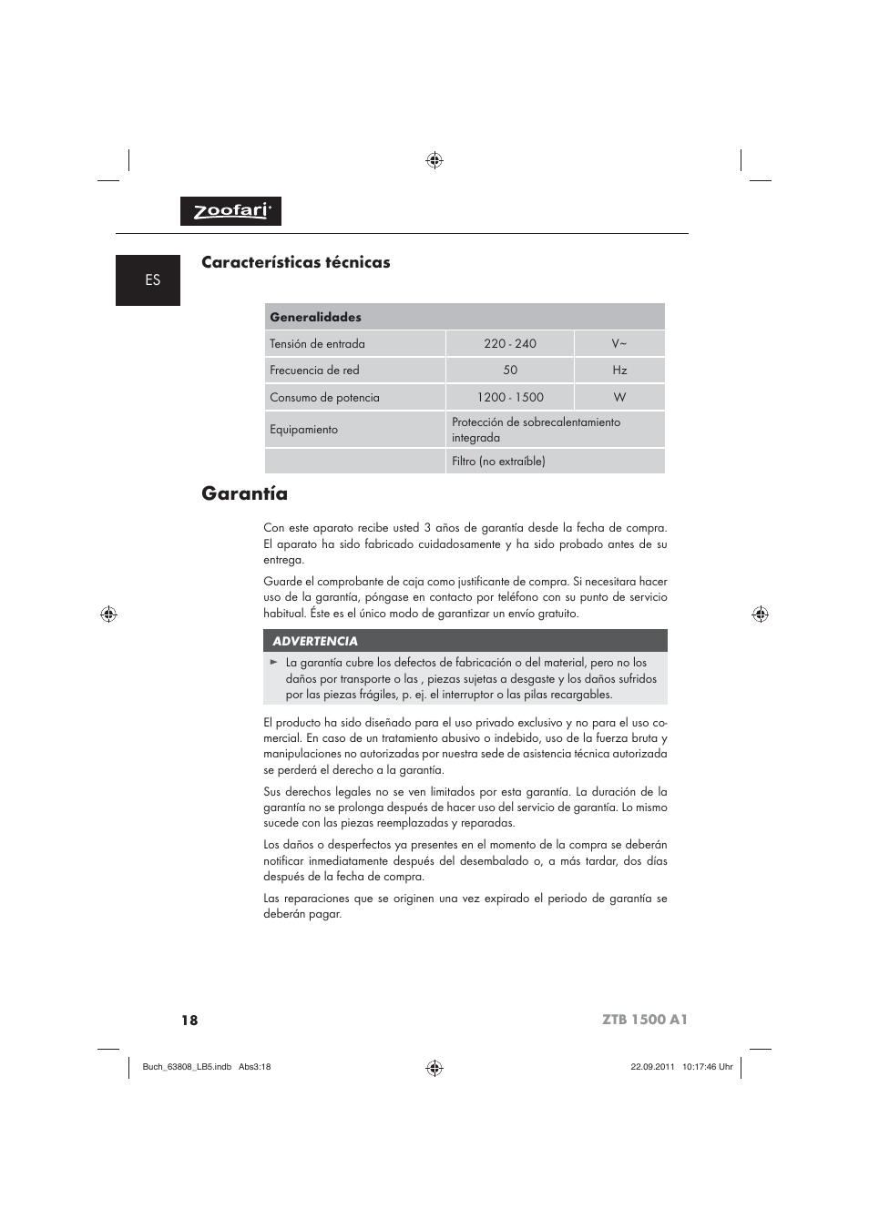 Garantía, Características técnicas | Zoofari Electric Pet Hairdryer ZTB 1500 A1 User Manual | Page 20 / 82