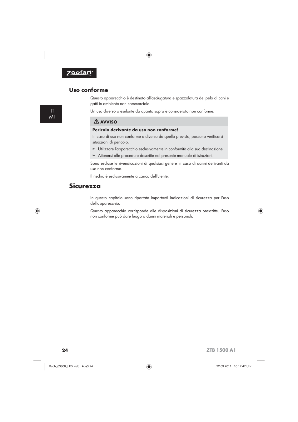 Sicurezza, Uso conforme, It mt | Zoofari Electric Pet Hairdryer ZTB 1500 A1 User Manual | Page 26 / 82