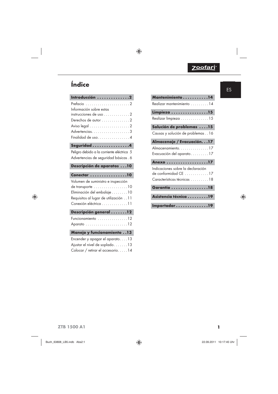 Índice | Zoofari Electric Pet Hairdryer ZTB 1500 A1 User Manual | Page 3 / 82